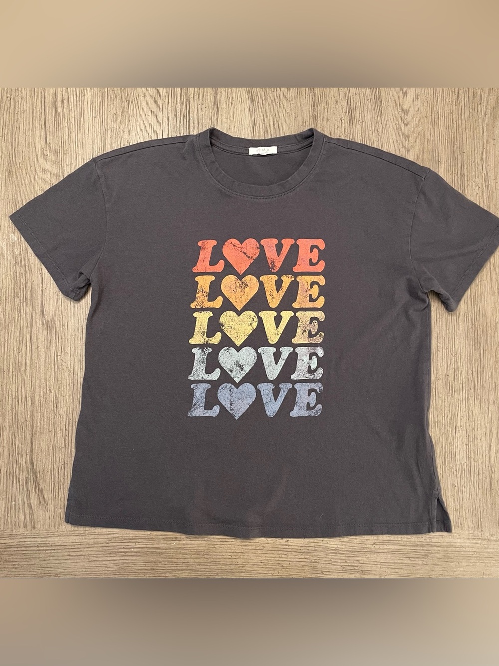 Maurice’s women’s “LOVE” Tshirt, M, gray w/ rainbow font. 20x24